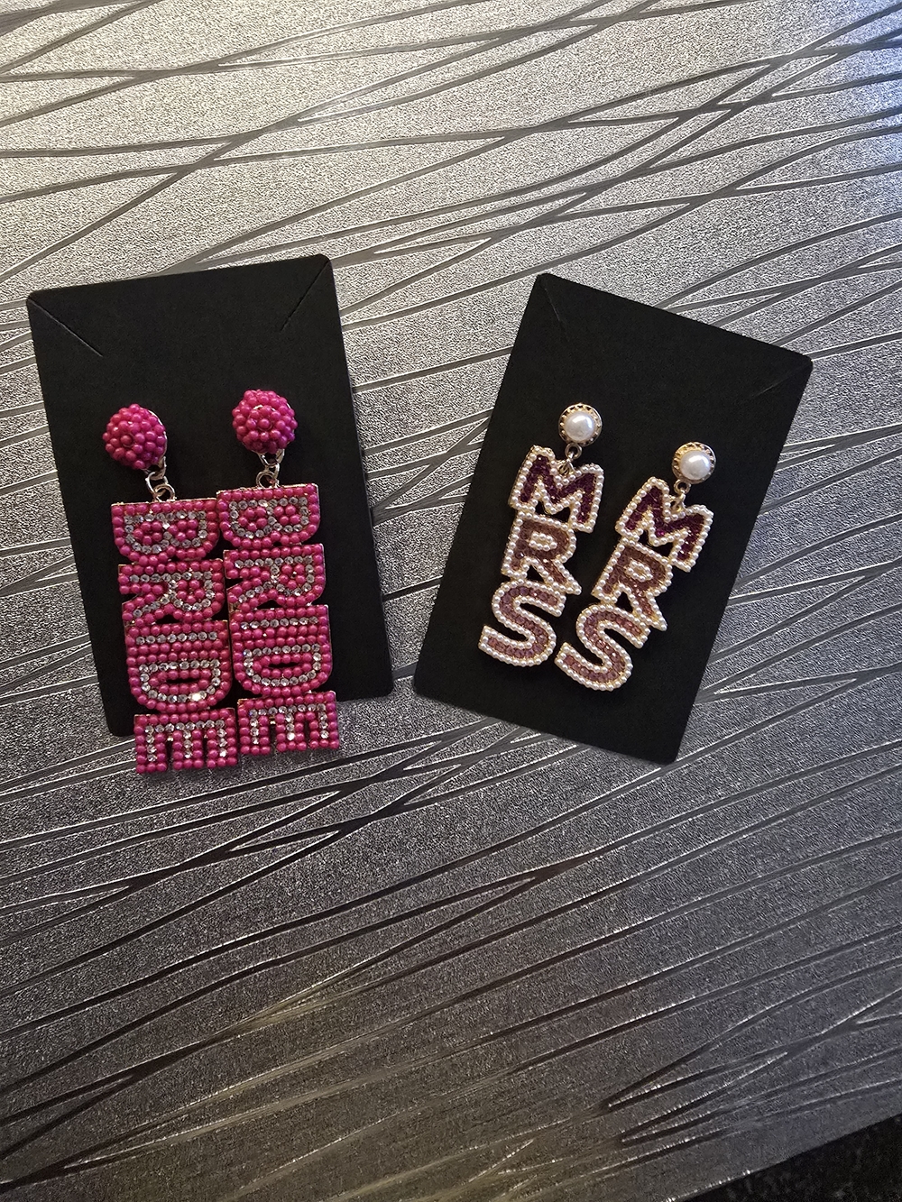 Bold Beaded 'BRIDE' and 'MRS' Dangle Earrings - Pink & Gold